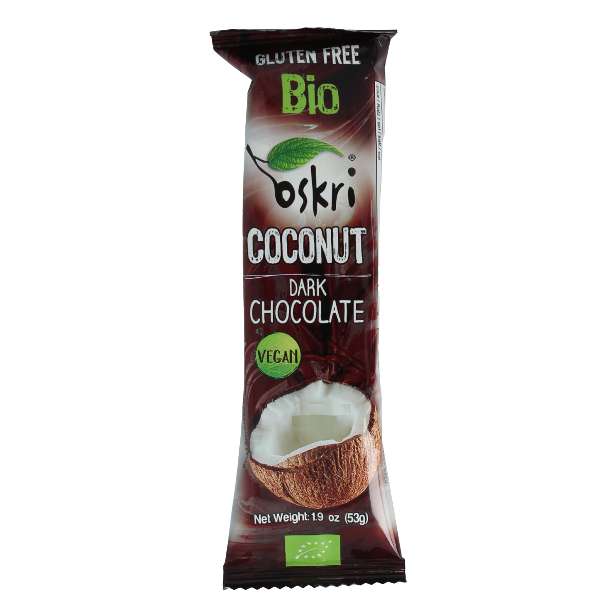 Dark chocolate with coconut from Oskri, 53g, showing a bar with rich chocolate and shredded coconut pieces.
