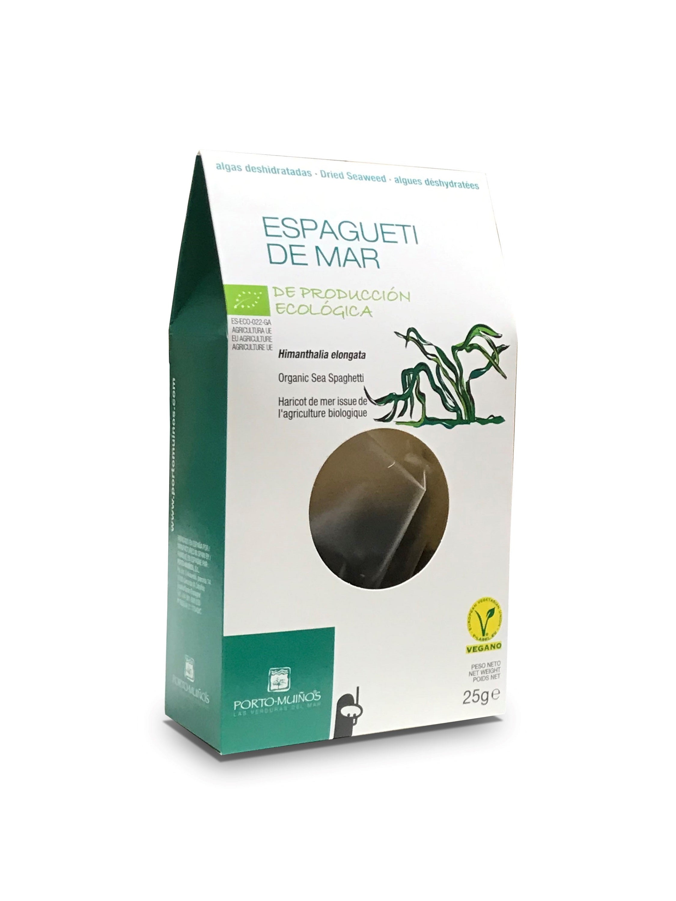 Porto-Muinos Zeespaghetti bio, 25g, organic potato and vegetable product, fresh and colorful in packaging.