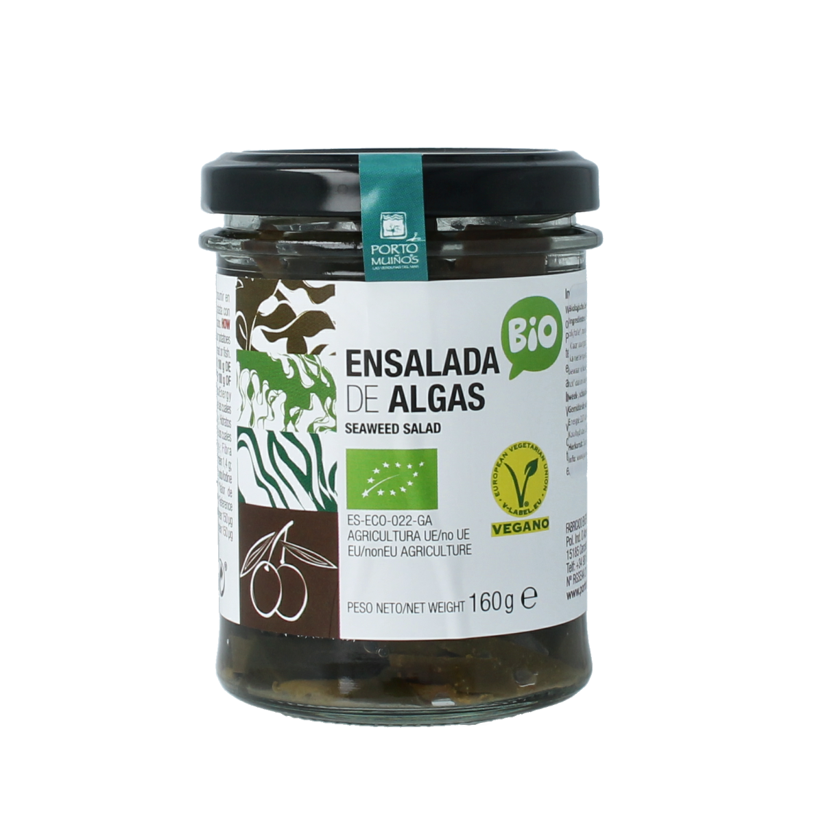 Porto-Muinos organic zeewiersalade in 160g package, featuring fresh seaweed and vegetable mix for healthy eating.