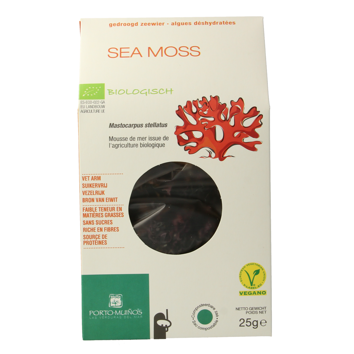 Porto-Muinos Sea Moss bio, 25g, fresh seaweed for cooking and health, shown in a clear image with natural colors.