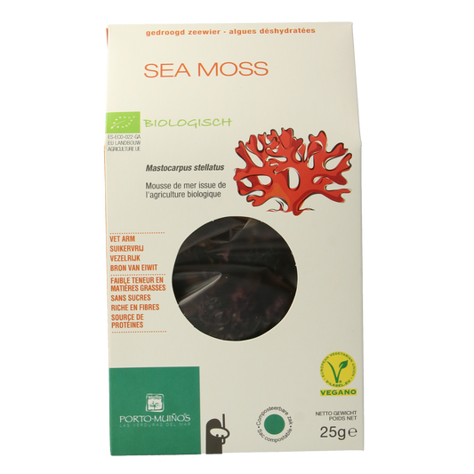 Porto-Muinos Sea Moss bio, 25g, fresh seaweed for cooking and health, shown in a clear image with natural colors.