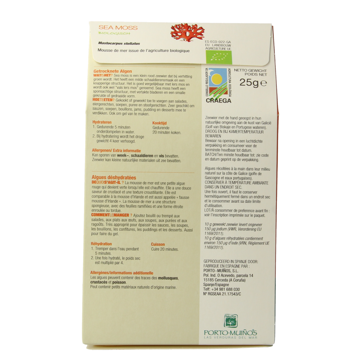 Porto-Muinos bio sea moss, 25 grams, fresh seaweed used in healthy recipes, organic and nutrient-rich.