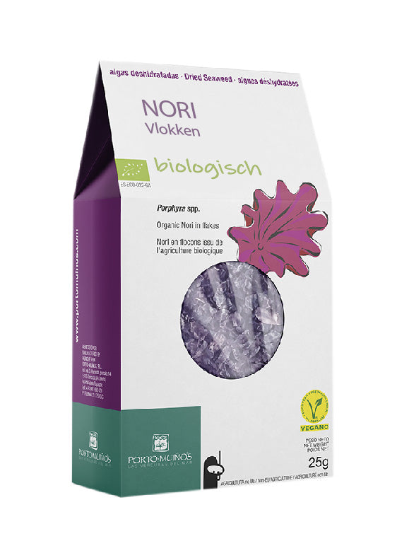 Porto-Muinos Nori vlokken bio, 25g package, with dried seaweed flakes on a white background.