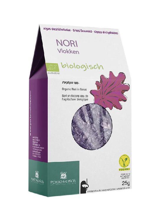 Porto-Muinos Nori vlokken bio, 25g package, with dried seaweed flakes on a white background.