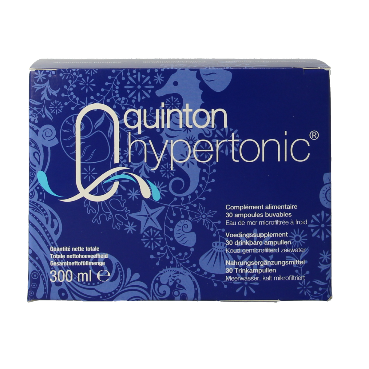 Quinton Hypertonic mineral ampoules 10ml, multi-mineral supplement, clear glass ampoule with blue cap, labeled Quinton.
