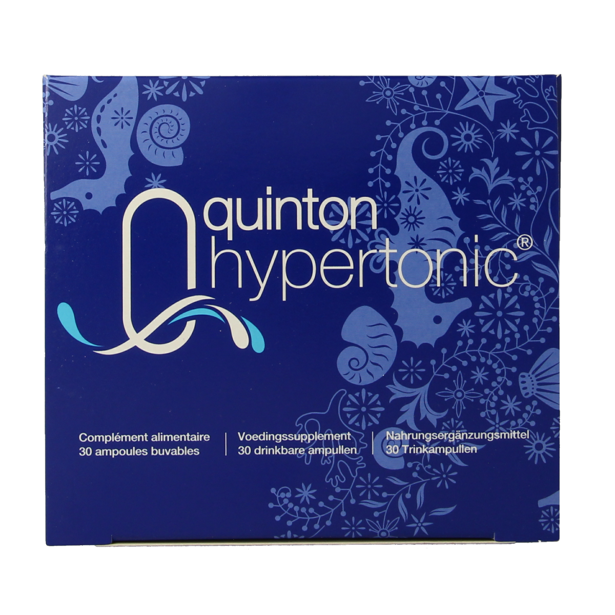 Quinton Hypertonic mineral ampoules, 10ml, showing transparent glass vials with the product label for mineral supplementation.