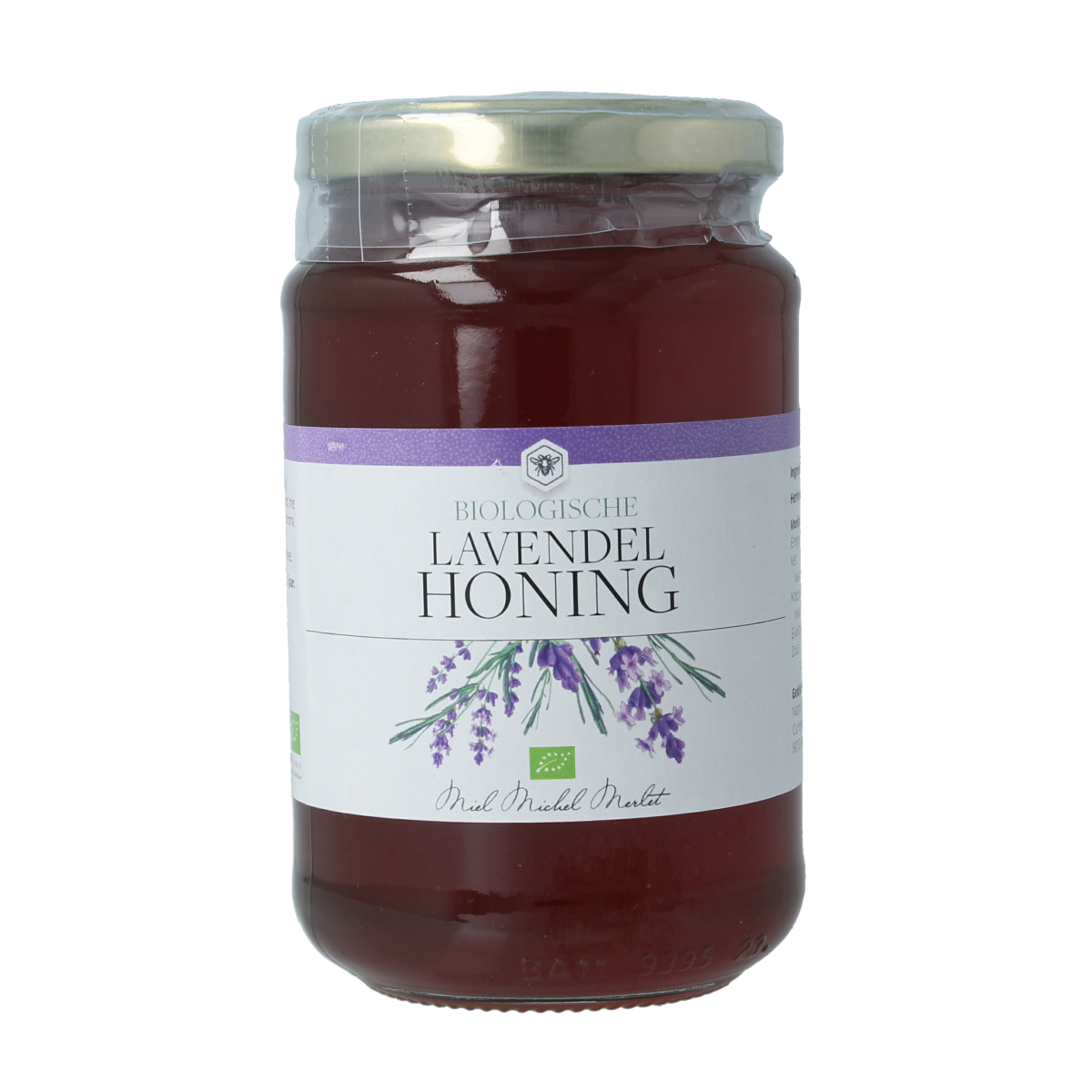 Michel Merlet organic lavender honey jar, 500g, with a golden honey appearance and lavender label, in a clear glass jar.