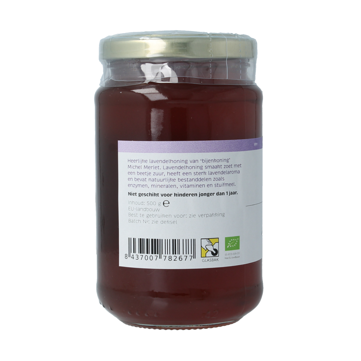 Michel Merlet Lavendel Honing bio 500g jar with lavender flowers and golden honey, natural and organic bee product.