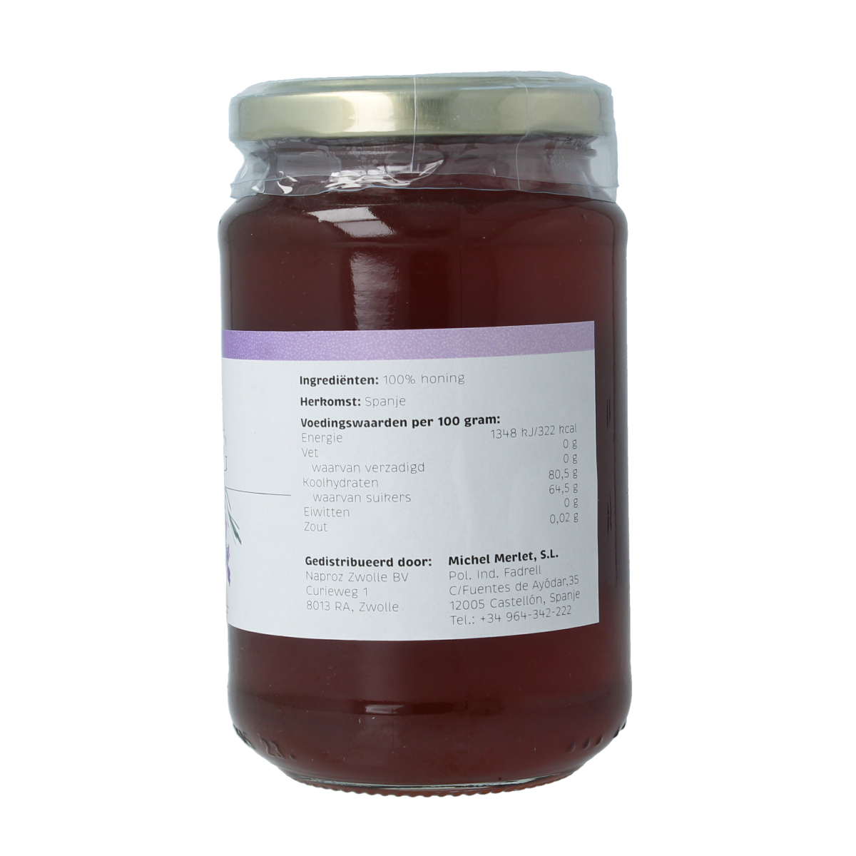 Bottle of Michel Merlet Lavendel Honing Bio, 500g, organic lavender-infused honey with a natural golden color.