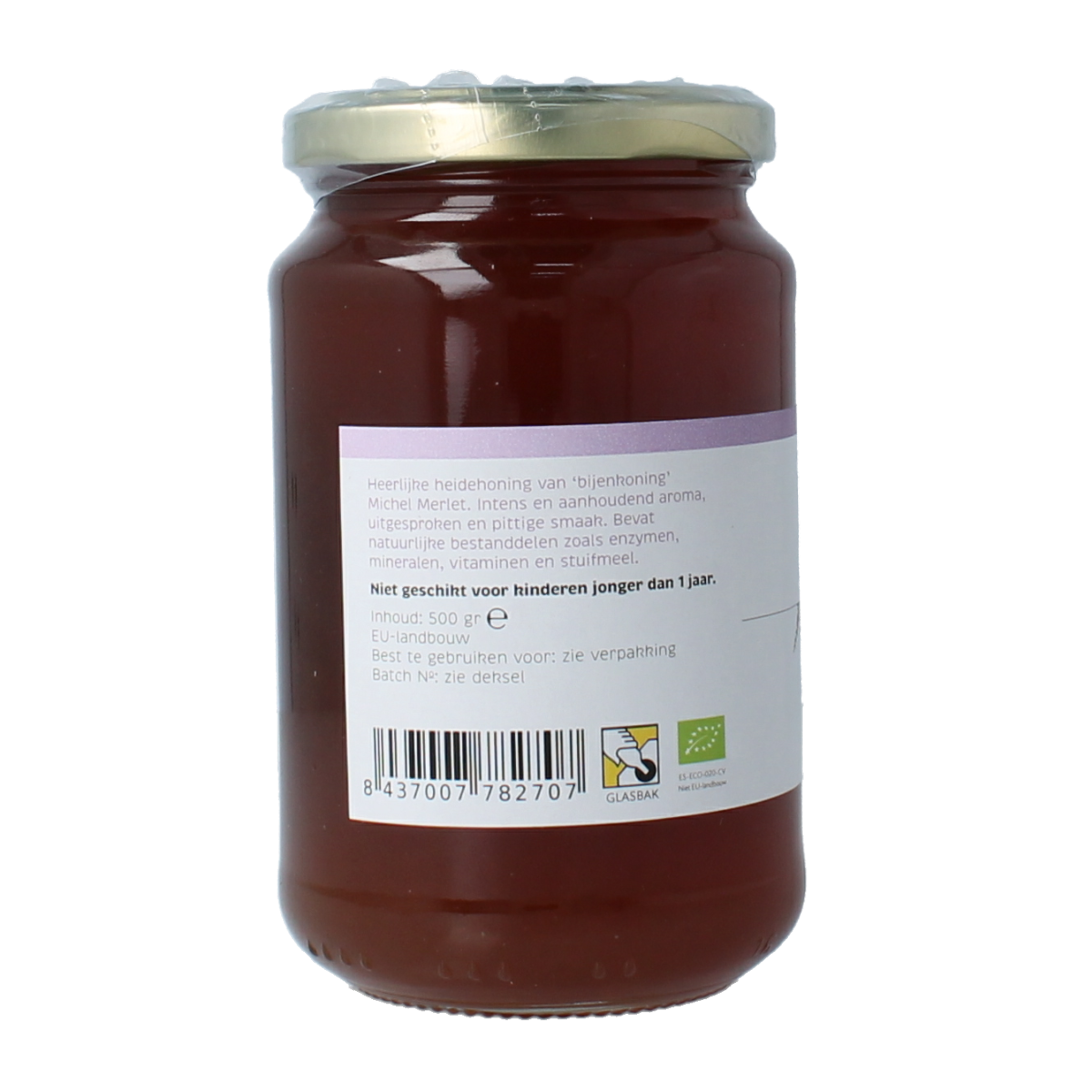 Michel Merlet Heide Honing bio, 500g jar with natural ingredients and label, used for natural skincare or cosmetic purposes.