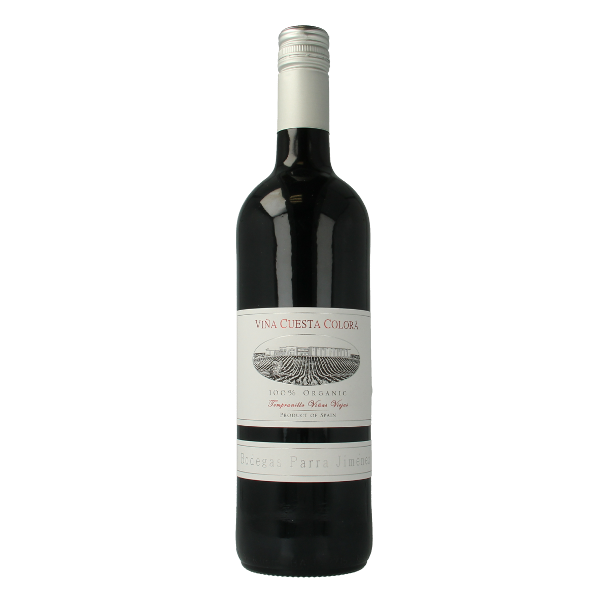 Parra Jimenez Vina Cuesta Colora Rood bio, 750ml, organic drink with vibrant red color, in a clear glass bottle.