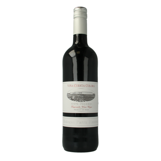 Parra Jimenez Vina Cuesta Colora Rood bio, 750ml, organic drink with vibrant red color, in a clear glass bottle.