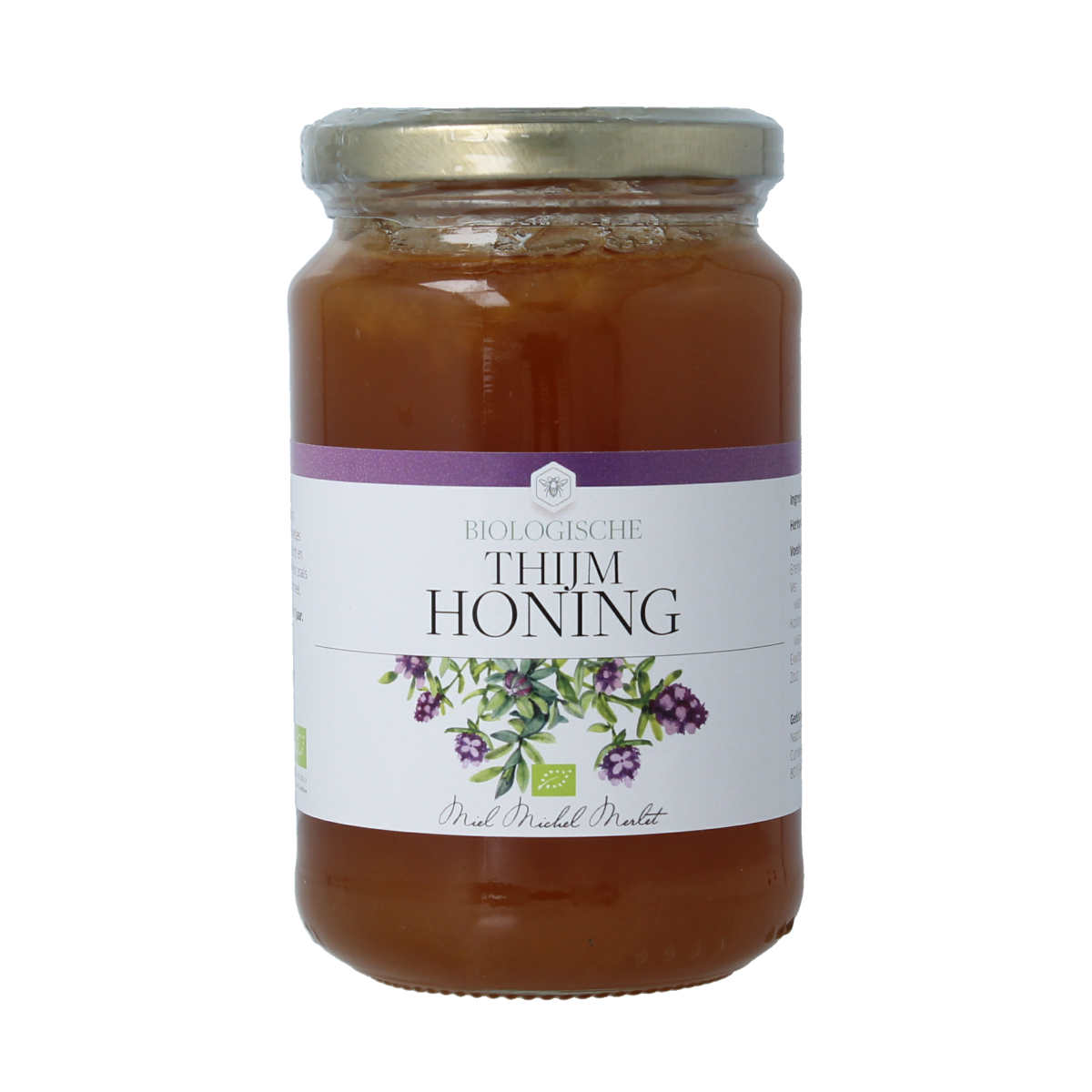 Michel Merlet Thijm bio honing, 500g jar of natural honey with golden color and smooth texture.