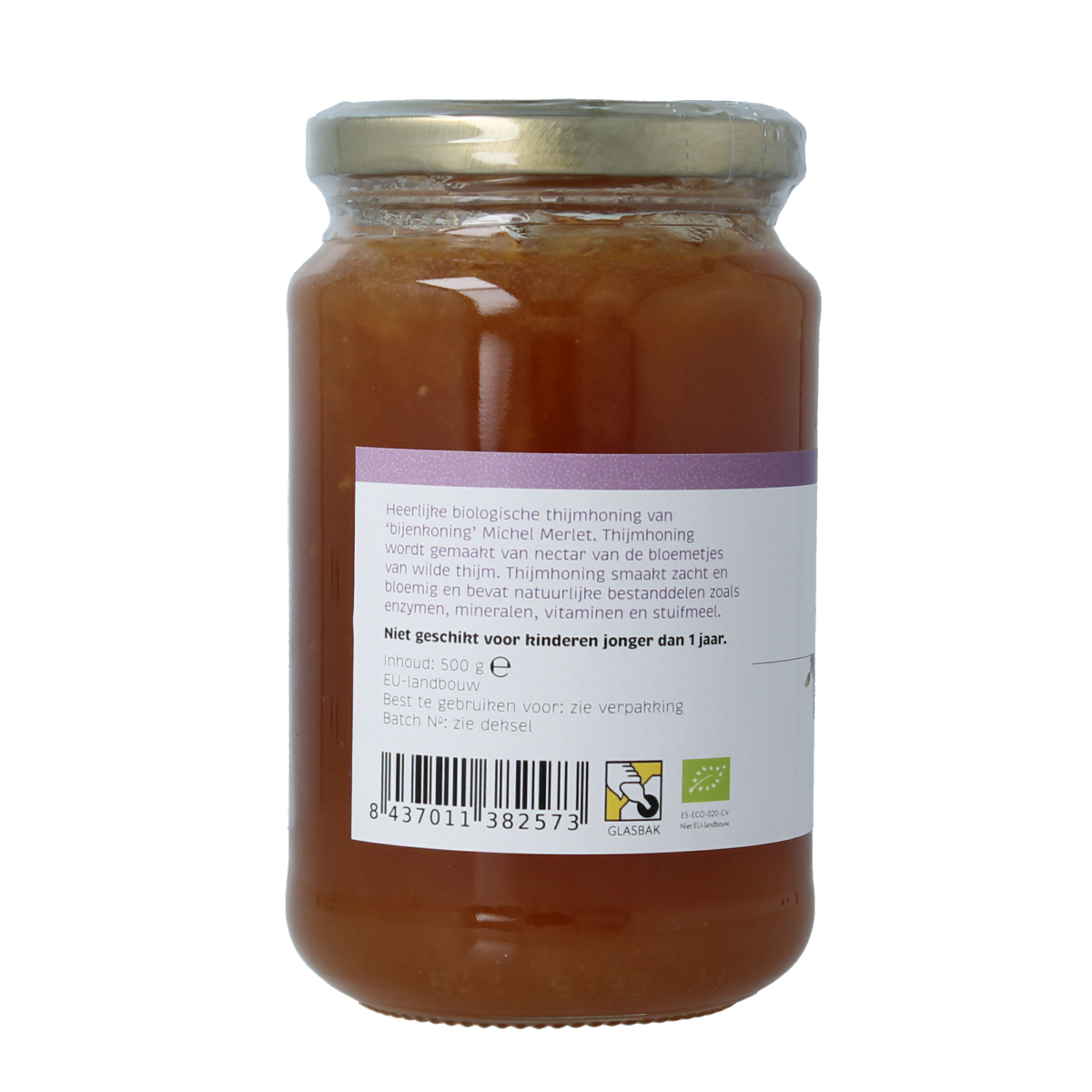Michel Merlet Thijm honing bio jar, 500g, natural organic honey with golden color and smooth texture.