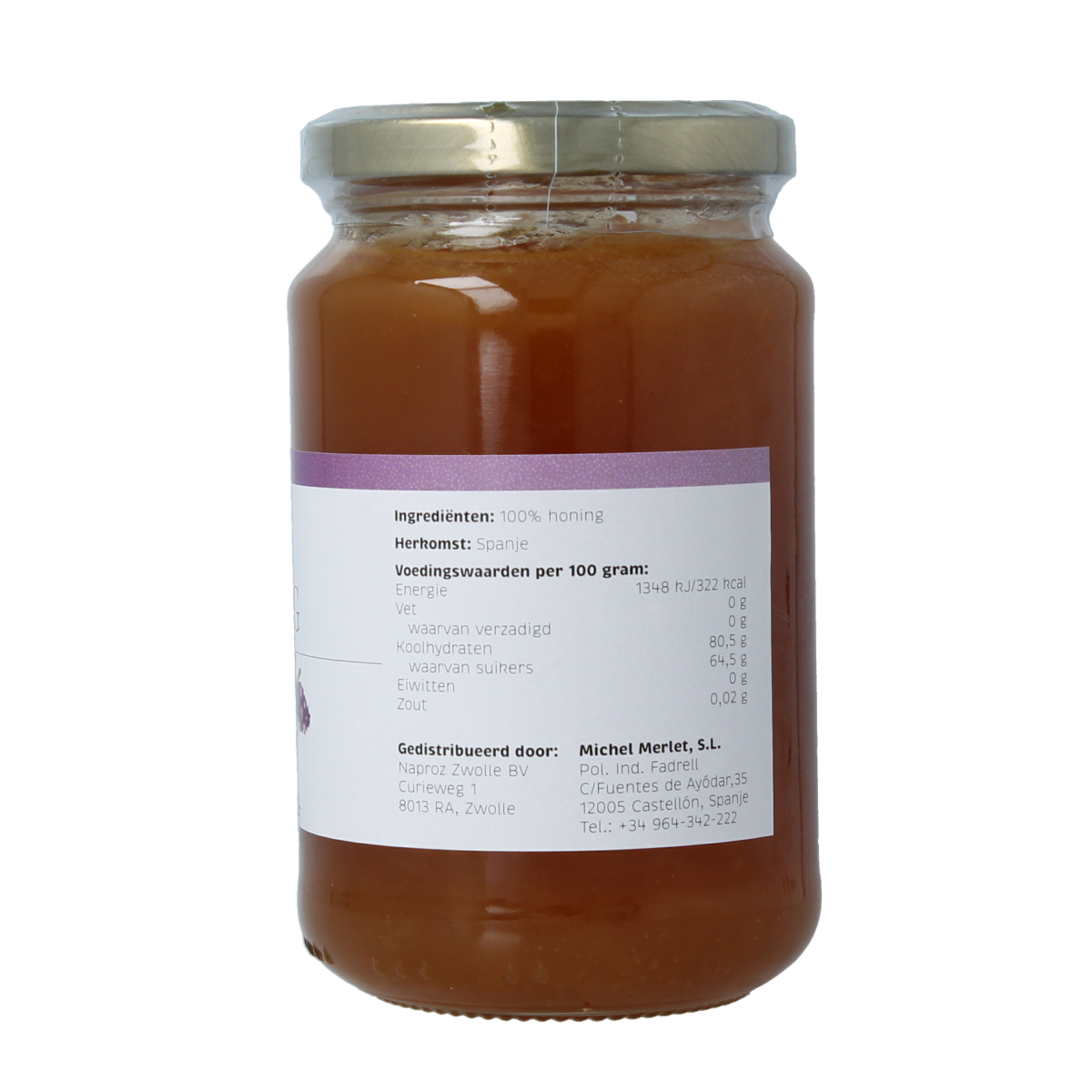 Michel Merlet Thijm bio honing, 500g jar of natural honey with golden color and smooth texture.