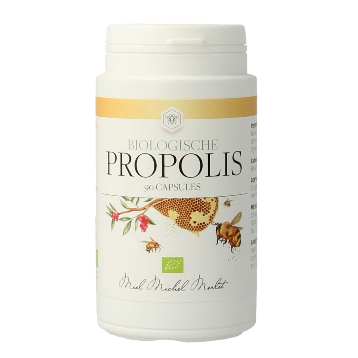 Michel Merlet Bio Propolis capsules, herbal supplement in a bottle of 90 capsules, featuring natural propolis ingredients.