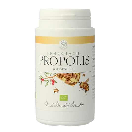 Michel Merlet Bio Propolis capsules, herbal supplement in a bottle of 90 capsules, featuring natural propolis ingredients.