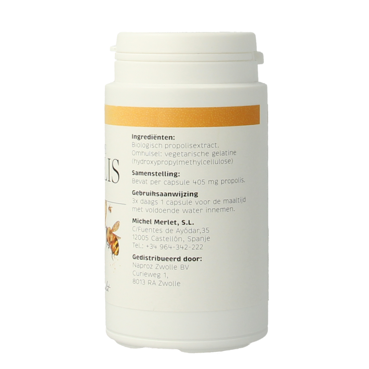 Michel Merlet Propolis capsules bio in a bottle, showing 90 capsules of herbal supplement for immune support.