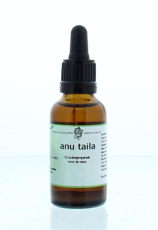 Bottle of Surya Anu Taila herbal oil in a 30ml container, part of Surya Kruidenpreparaten product line