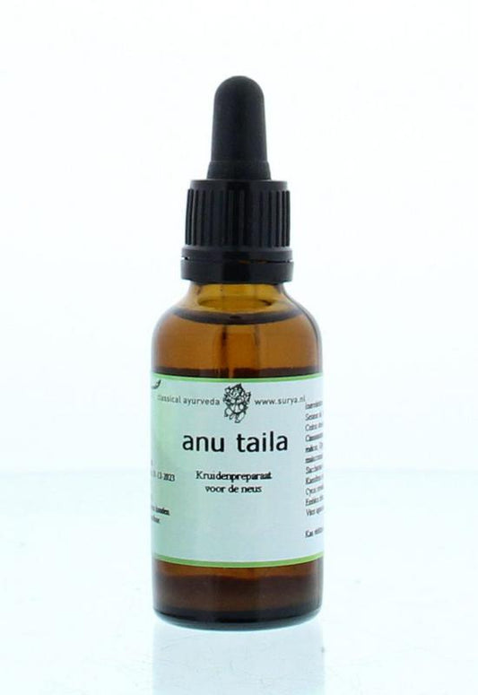 Bottle of Surya Anu Taila herbal oil in a 30ml container, part of Surya Kruidenpreparaten product line