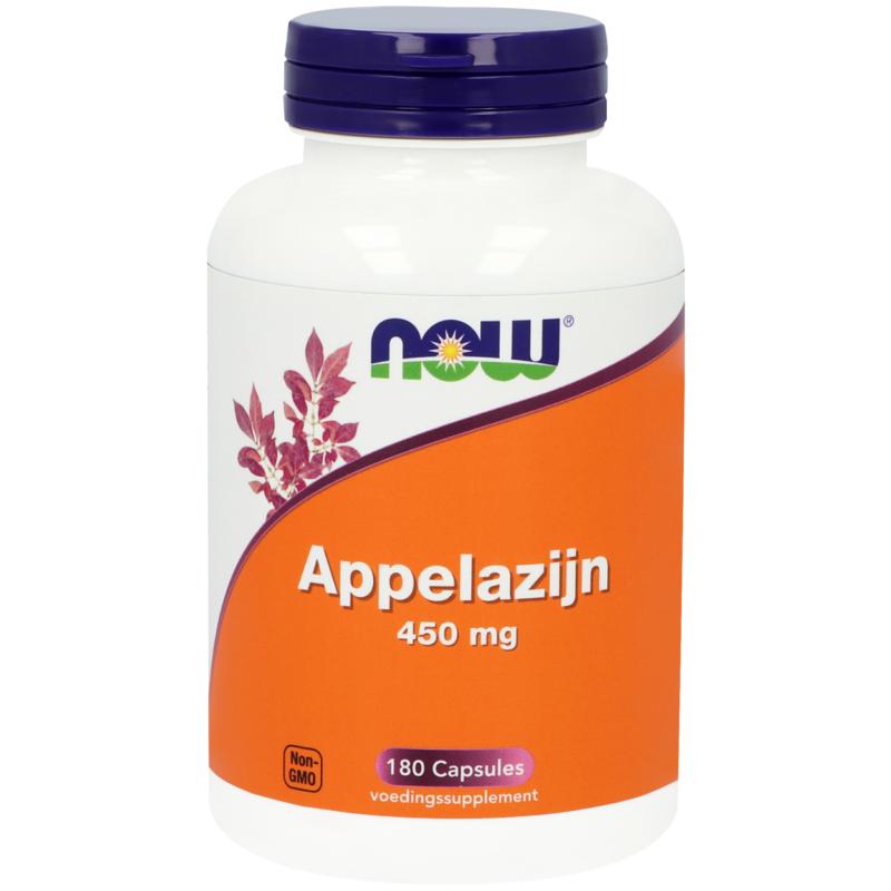 NOW Appelazijn vegetarische capsules, herbal supplement in a white bottle with a blue label, showing capsules inside.