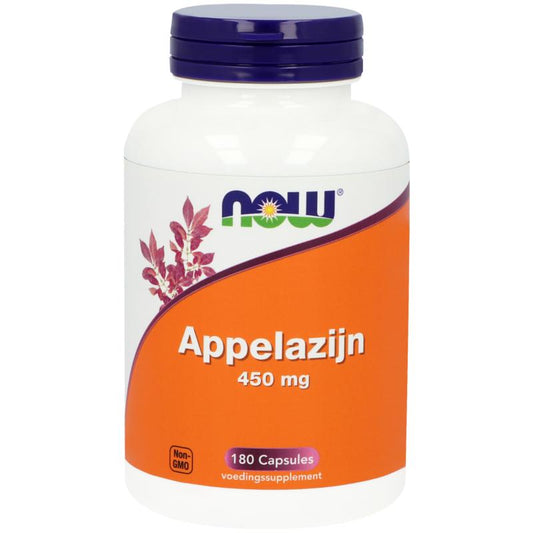 NOW Appelazijn vegetarische capsules, herbal supplement in a white bottle with a blue label, showing capsules inside.
