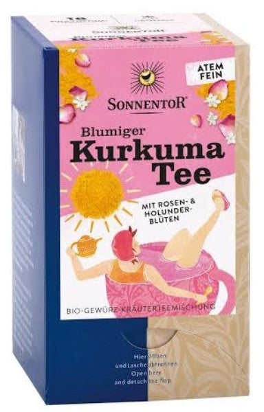 Sonnentor organic blooming turmeric tea in a box with 18 tea bags, featuring vibrant turmeric flower images.