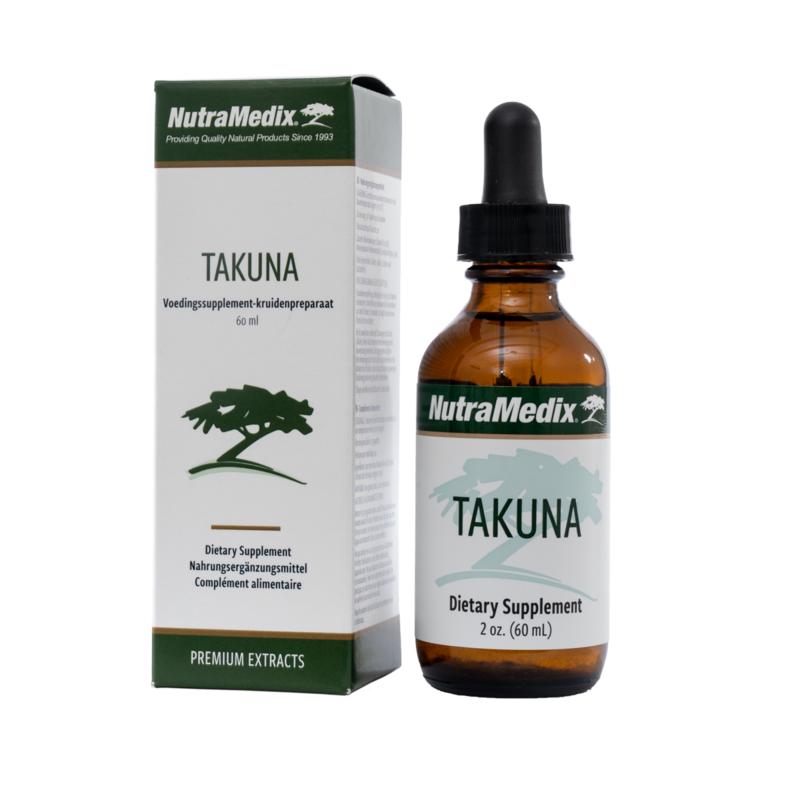 Bottle of Nutramedix Takuna herbal tincture in 60ml glass dropper bottle, labeled with product details and brand.