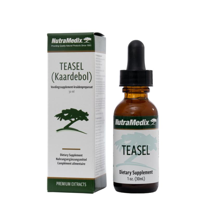 Nutramedix Kaardebol teasel herbal preparation in a 30ml bottle, shown with botanical illustrations on label.