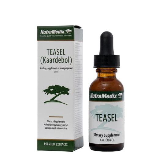Nutramedix Kaardebol teasel herbal preparation in a 30ml bottle, shown with botanical illustrations on label.