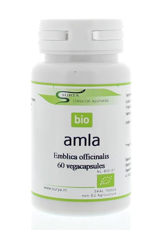 Surya Amla bio vegetarian capsules, herbal supplement in a white bottle with green label and capsules visible inside.