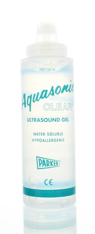 Parker Aquasonic clear ultrasound gel bottle, 250ml, for medical and body care ultrasound procedures.