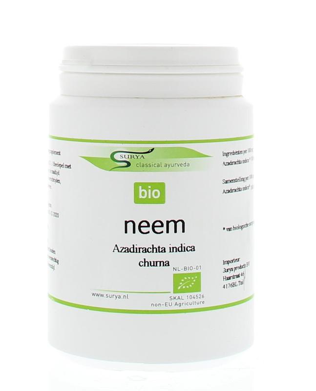 Surya Neem Churna bio, herbal powder in a 100g package, natural herbal supplement from Surya for wellness.