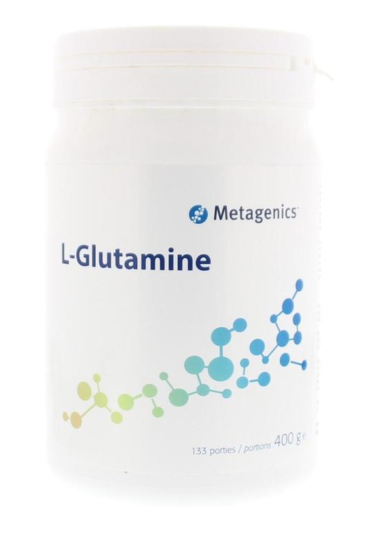 Metagenics L-Glutamine amino acid supplement container, 400g jar of aminozuren powder for sports and health.