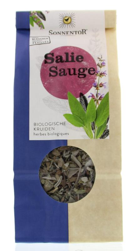 Sonnentor organic salie tea loose in a clear glass jar, showing fresh sage leaves for herbal infusions.