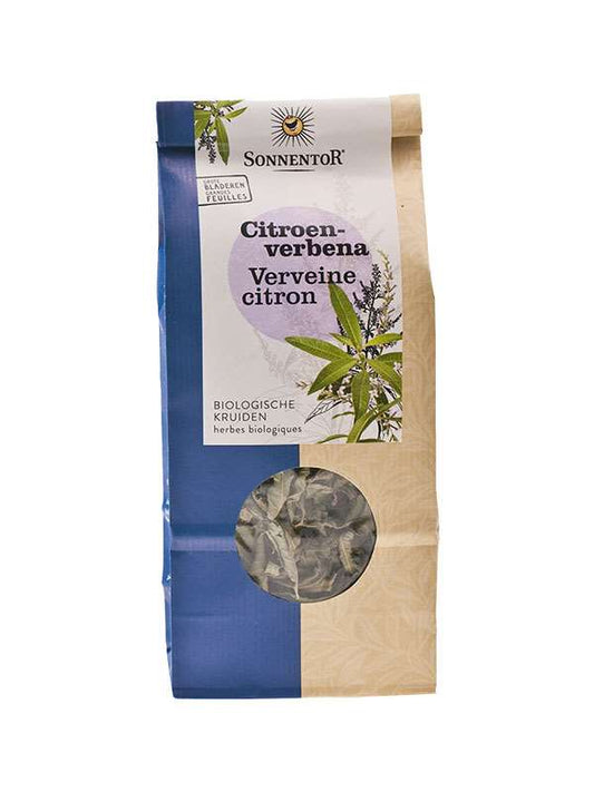 Sonnentor bio Citroenverbena tea in a 30g package, fresh lemon-scented herbal tea for soothing beverages.