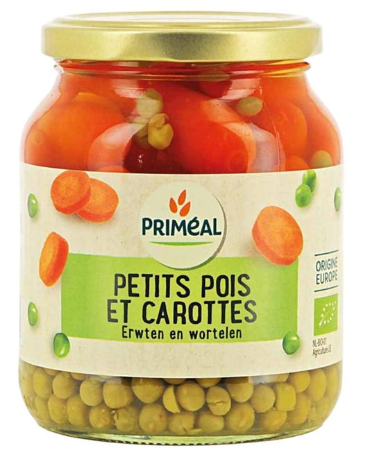 Primeal organic frozen peas and carrots in a 330g bag, fresh vegetables with vibrant green peas and orange carrot pieces.