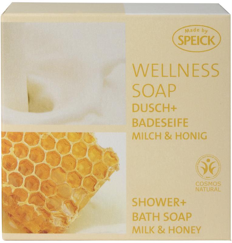 Speick Wellness milk & honey soap bar, 200g, natural skincare product with creamy texture and honey scent.