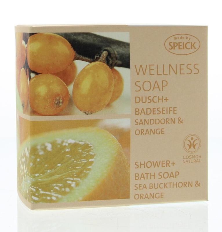 Speick Wellness duindoorn en sinaasappel zeep, 200g, met frisse citrusgeur en natuurlijke ingrediënten, in een heldere zeepdoos