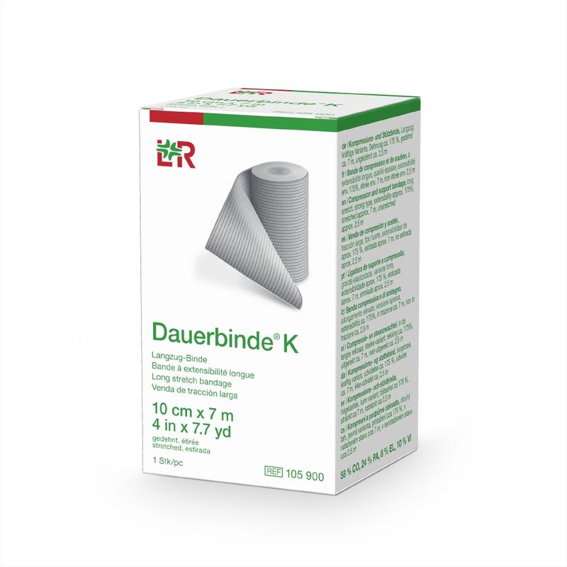 Elastic bandage Dauerbinde K, 7m x 10cm, ideal for quick compression and support, shown in the image.