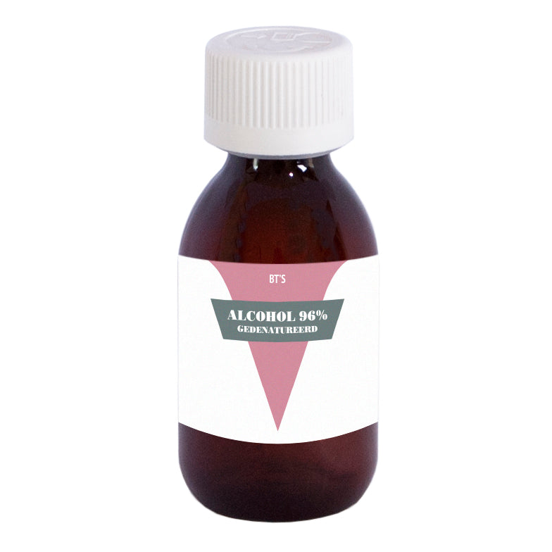BT'S Alcohol 96% disinfectant bottle, 120ml, clear liquid used for sanitizing and sterilization.