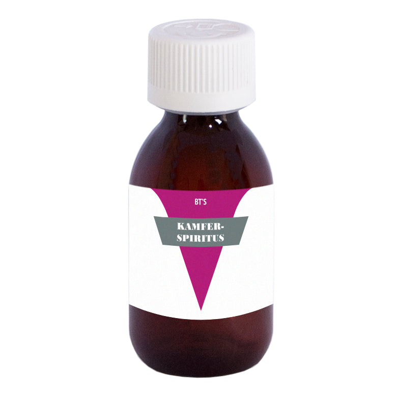 BT'S Kamferspiritus voetverzorging bottle, 120ml, in a clear container with label, used for foot care and skin treatment.