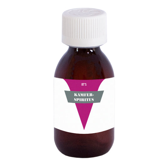 BT'S Kamferspiritus voetverzorging bottle, 120ml, in a clear container with label, used for foot care and skin treatment.