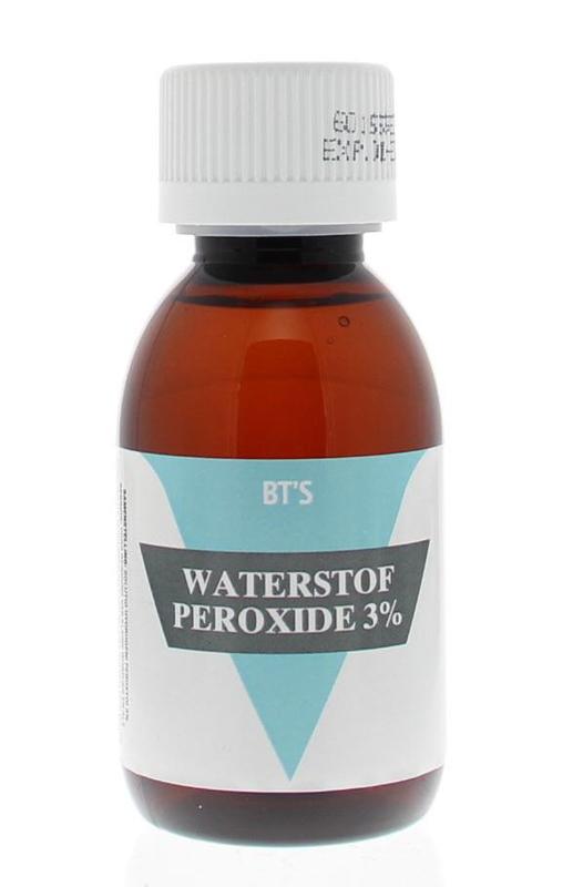 BT'S Waterstofperoxide 3% disinfectant bottle, 120ml, with clear label and cap, used for cleaning and sanitizing.