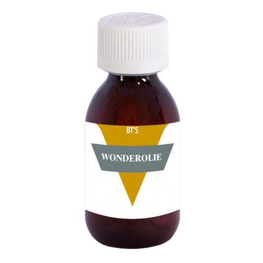 BT'S Wonderolie 120ml bottle of oils and fats with a clear label, shown in a close-up image.