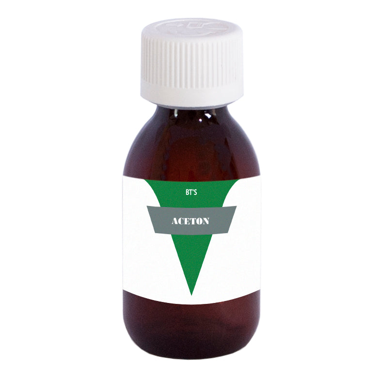 BT'S Aceton hand care product in a 100ml bottle, used for skin and nail treatment, with a clear liquid inside the container.