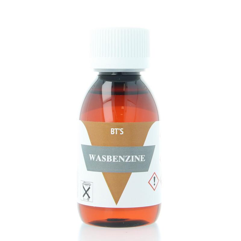 BT'S Wasbenzine 120ml cleaning product in a clear plastic bottle with a white cap, used for cleaning and degreasing.