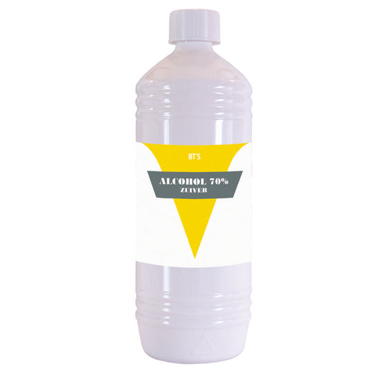 BT'S Alcohol 70% disinfectant in a 1-liter bottle, showing clear liquid and label for sanitization purposes.