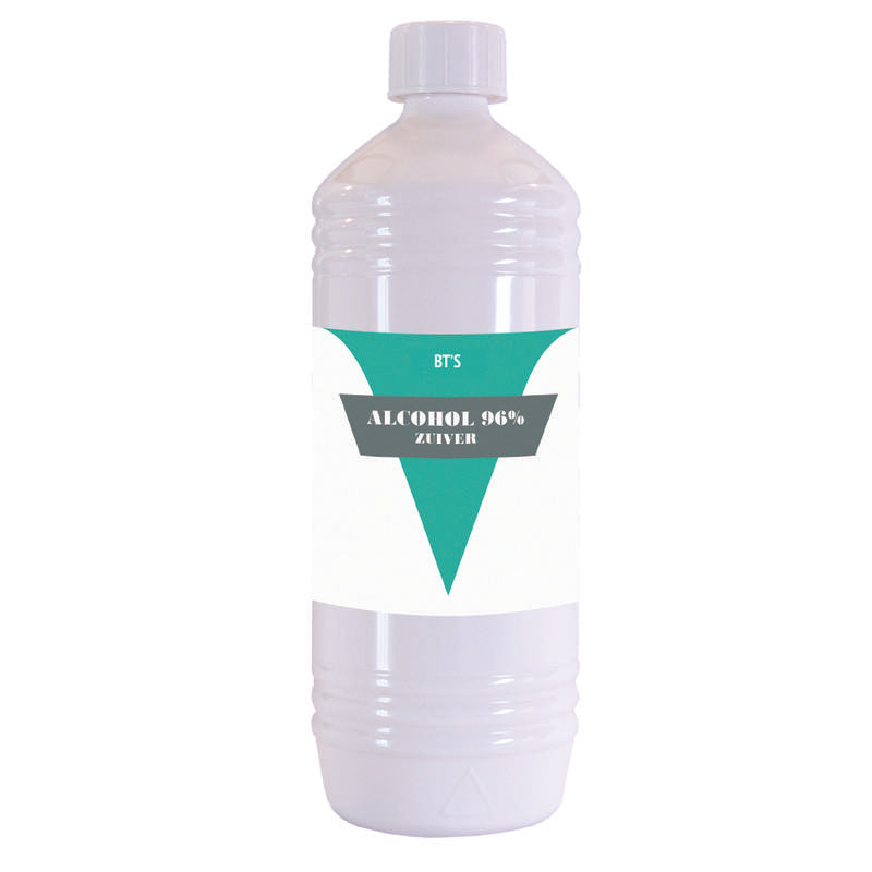 BT'S Alcohol 96% disinfectant in a 1-liter bottle, clear liquid with a white cap, used for cleaning and sanitizing surfaces.