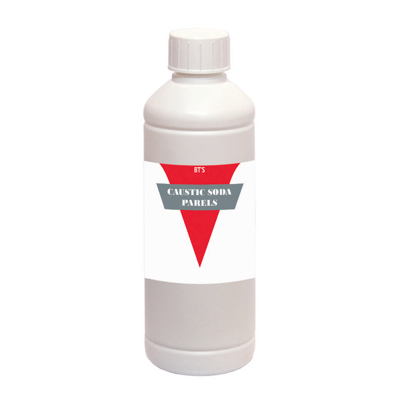 BT'S Caustic soda 99% pure cleaning chemical in a 500g container, used for industrial and heavy-duty cleaning applications